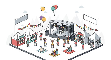 Festive outdoor concert illustration with cheerful crowd, vendor booths, and lively music, perfect for event promotions and summer festival designs