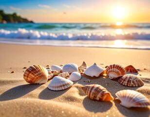 Seashells on a golden beach at sunrise (2)
