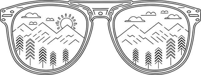 A minimalist line art illustration showing a mountain and forest scene reflected in a pair of sunglasses, ideal for apparel or graphic design.