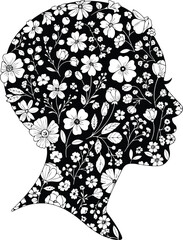 Profile silhouette of a womans head filled with intricate white floral patterns and delicate botanical elements, symbolizing nature and beauty