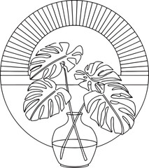 A minimalist line art illustration of Monstera leaves in a vase with the sun.