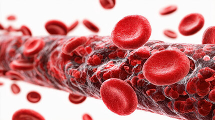 Close-up view of red blood cells flowing through a blood vessel. detailed illustration shows the structure and function of human blood cells, perfect for medical or educational use.