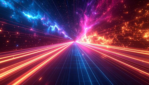 A vibrant perspective tunnel with neon lines receding into the distance with contrasting blue and orange glow