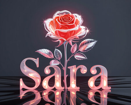 Illustration of glowing red rose above the illuminated name sara in 3d