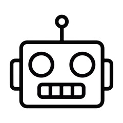 Simple line art icon of a classic, square-headed robot with an antenna and gears/teeth for a mouth, symbolizing AI, automation, or technology. Available as vector, JPG, and high-resolution PNG file.