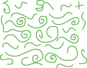 Abstract green swirls and wavy lines on white background
A collection of hand-drawn green lines forming abstract swirls, waves, and curves scattered across a white surface.