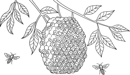 A black and white line art of a paper wasp nest and two wasps on a branch.