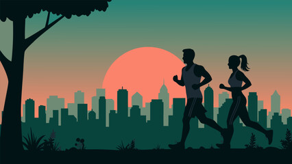 Active urban life Silhouettes of a couple jogging against a vibrant city sunset, promoting health and fitness