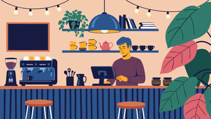 Barista working at a cozy coffee shop counter, preparing beverages with a friendly service attitude