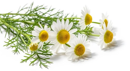 Chamomile flowers with green leaves isolated on white natural remedy ingredient