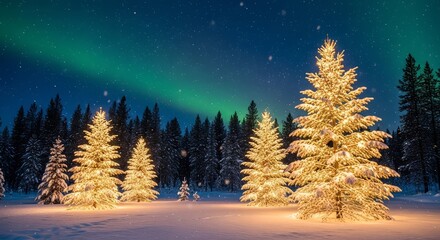 Illuminated christmas trees in a snowy landscape with aurora borealis in the night sky above them