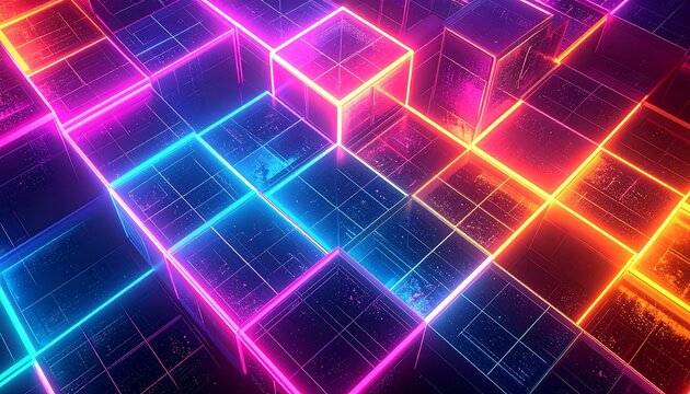 Abstract geometric structure of illuminated glowing squares creating a grid-like pattern with vibrant colors
