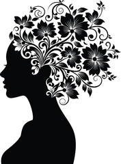 Black silhouette of a womans profile with hair composed of intricate floral and swirling patterns, isolated on