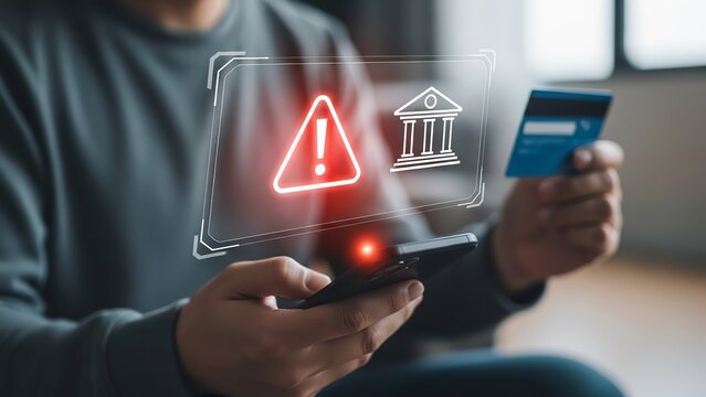 Mobile banking fraud alert concept with red warning triangle and credit card