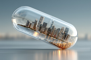Futuristic city capsule with modern skyline and glowing urban energy