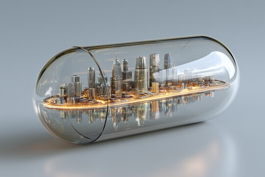 Urban microcosm capsule with illuminated skyscraper panorama