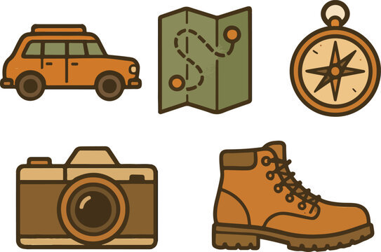  Vintage Road Trip Vector Icon Set