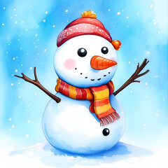 Cute Watercolor Snowman with Beanie and Striped Scarf