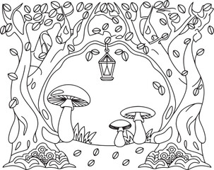 A line art illustration of a fantasy forest scene with mushrooms and a hanging lantern.
