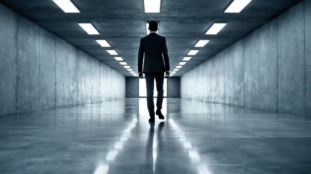 A lonely figure walking in an empty hallway with echoing footsteps