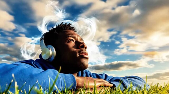 A man lying on grass watching clouds move fast, overthinking and racing thoughts visualized.