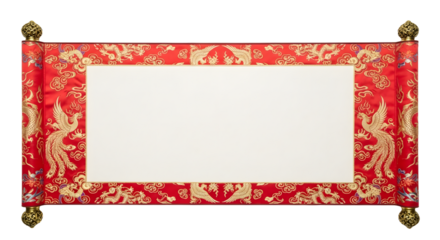 Elegant red and gold Chinese scroll with decorative dragons and phoenixes offers a sophisticated touch, ideal for Lunar New Year or cultural designs