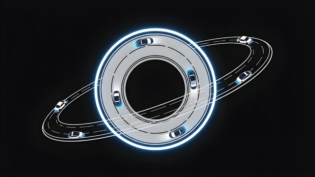 Satellite View of Orbital Road Network with Cars on Dark Background