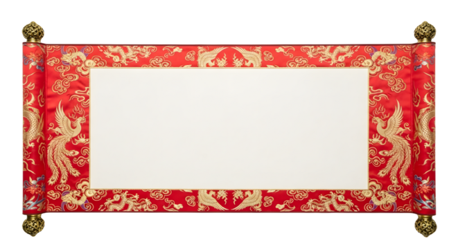 Elegant red and gold Chinese scroll with decorative dragons and phoenixes offers a sophisticated touch, ideal for Lunar New Year or cultural designs