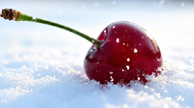 Red cherry on snow with green stem. Fresh winter holiday fruit dessert concept.