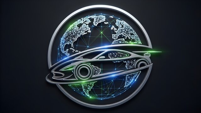 A sleek, futuristic silver sports car silhouette is prominently featured, wrapping around a stylized, digital representation of the Earth.