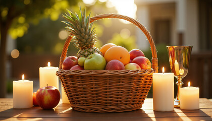 Fruit basket surrounded by candles and unity cup in modern, casual style  