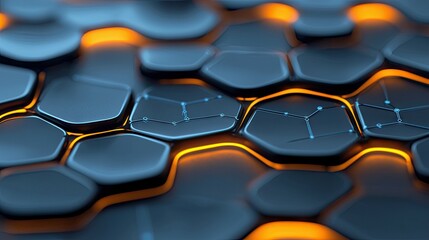 Close-up of a 3D rendered abstract pattern of dark blue hexagons with glowing orange light between them.