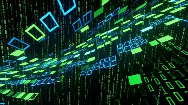 Abstract digital data flow visualization with glowing green squares and binary code rain, a technology concept