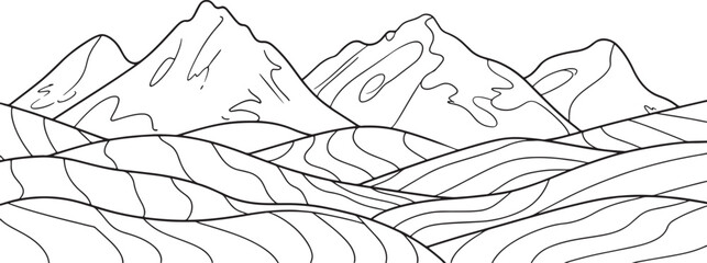 A minimalist line art landscape of mountains and rolling hills with contour lines.