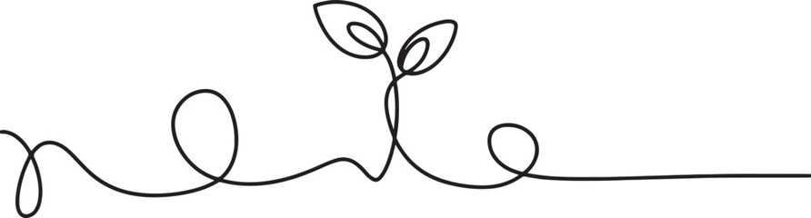 A minimalist continuous line drawing of a small sprout with two leaves emerging.