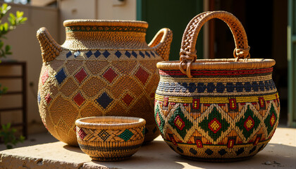 African tribal baskets in modern style on outdoor stone surface  