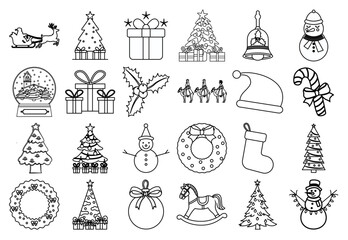 Hoja de iconos de línea de navidad y año nuevo monocromáticos