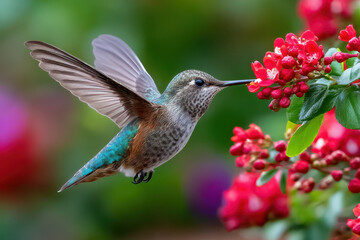 Fototapeta premium Hummingbird in Flight Nectar Feeding Red Blossoms Green Background