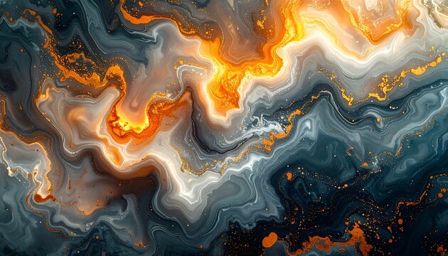 Abstract swirl of dark grays, whites, and vibrant oranges, resembling a fiery nebula or flowing molten rock
