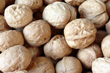 Walnuts close up showing densely packed unshelled nuts with textured natural brown shells