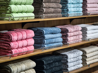 Colorful towels neatly arranged on shelves in a retail store for home textiles