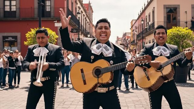 Energetic mariachi band performing in a vibrant urban street setting