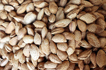 Whole almonds in shells close up natural texture