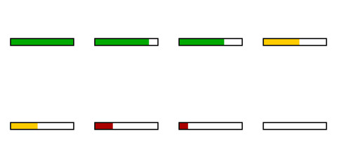8 Frame Sprite Sheet of a Draining Health Bar Icon Set with Green, Yellow and Red Steps and Outline for Game UI Animation. Vector Image.