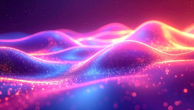 Abstract waves flow with glowing pink, blue, and yellow hues; scattered bokeh dots add depth to this vibrant design - Powered by Adobe