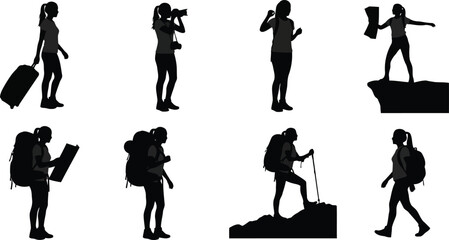 Silhouettes of women engaged in various travel and outdoor activities, including hiking, photography, and carrying luggage, isolated on white