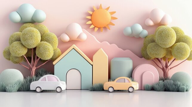 A charming 3D illustration featuring toy cars, houses, trees, clouds, and a sun in a playful, pastel-colored landscape. The scene evokes a sense of childhood wo - Powered by Adobe