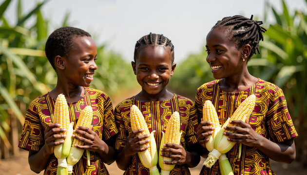 Three smiling children holding corn in colorful Kente clothing outdoors  