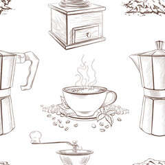 Seamless pattern for coffee shop geyser coffee maker,handmade wood coffee grinder for crushing ccoffee beans,handful of ground coffee,cup of hot coffee on saucer with mint leaves and chocolate bar