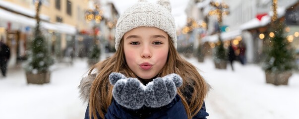 Young girl blowing snowflakes in winter wonderland at christmas market closeup